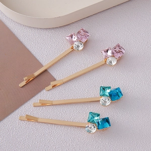 Set of four minimalist gold hairpins with square colorful rhinestones and crystal accents