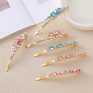 Détails de barrettes à fleurs et nœuds en cristal avec strass colorés sur alliage doré