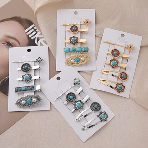 Bohemian Vintage Alloy Hair Clips Ethnic Style Artificial Turquoise Faux Artificial Pearl Enamel Chinese Knot Flower Side Clips