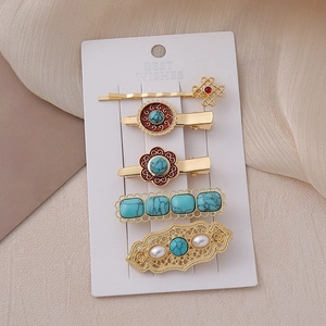 5-piece vintage alloy hair clip set with Chinese motifs and turquoise accents