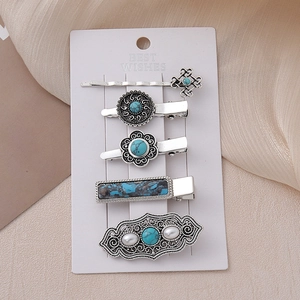 Bohemian 5-piece silver alloy hair clip set with turquoise and faux pearls
