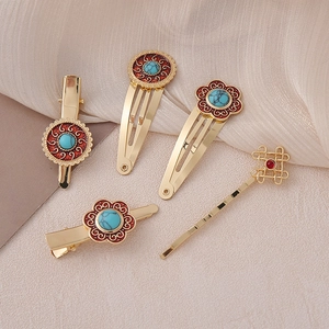 5-piece set of ethnic style alloy hair clips with blue turquoise and red enamel details