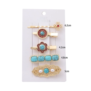 5-piece vintage alloy hair clips set with red rhinestones and turquoise beads on cards