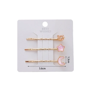 Set di 3 fermagli per capelli dorati con ciondoli rosa a stella luna e gatto