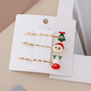Dreiteiliges Weihnachts-Haarspangen-Set mit Weihnachtsmann, Rentier und Glocke auf Gold-Pins