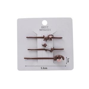 Three-piece dachshund dog hair clips set in brown resin and metal for women and girls