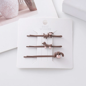 Cute set of 3 brown dachshund puppy dog hair clips for girls on display card