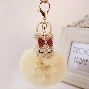 Mignon Porte-clés Lapin Pompon en Fausse Fourrure pour Femmes Alliage de Zinc Tête de Lapin Fausse Künstliche Perle Nœud Strass Pendentif de Sac Cadeau