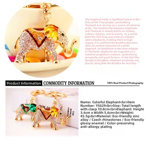 Vue détaillée du porte-clés éléphant en strass avec dimensions 3,6x5,6cm en plaqué or
