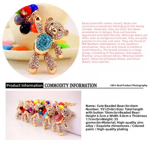 Close-up of golden bear keychain with colorful rhinestones and beaded details