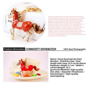 Detailed macro view of red enamel horse keychain with white crystals and zinc alloy finish