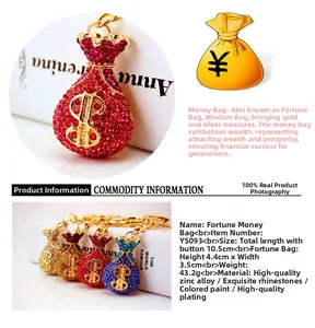 Macro detail of diamond-encrusted money bag keychains in multiple vibrant colors