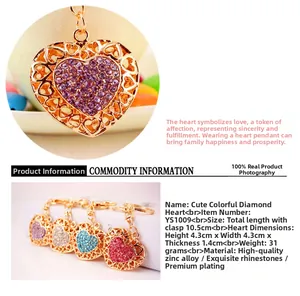 Detail view of sparkling rhinestone heart keychains in four colors with gold plating