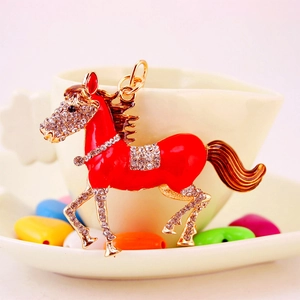 Cute red horse keychain with sparkling rhinestones and golden metal pendant