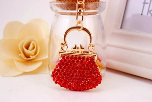 Detailed close-up of a red rhinestone handbag keychain with golden heart lock