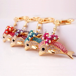 Cute Dolphin Rhinestone Keychain Zinc Alloy Bow Marine Animal Bag Pendant For Women Girls Gift Car Key Chain