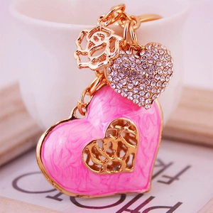 Pink marble enamel heart keychain with rhinestones and golden rose charm accessory