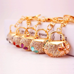 Fashion Zinc Alloy Handbag Keychain Rhinestone Crystal Flower Bag Pendant Decoration Gold Tone Metal Key Ring For Women
