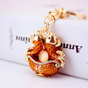 Lucky Chinese koi carp keychain with red enamel, crystal rhinestones, and Fu character