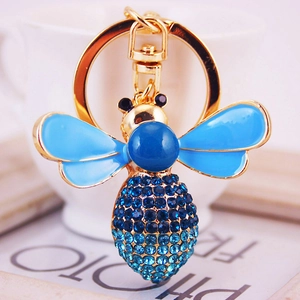 Creative crystal honey bee keychain with blue rhinestones and gold-tone lobster clasp