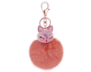 Close-up of fluffy pink faux fur fox keychain with pearl and rhinestone details