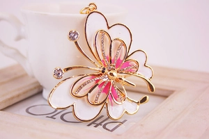 Macro detail of butterfly keychain with white enamel wings and sparkling rhinestones