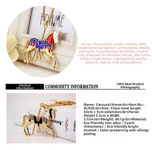 Detailed specs of carousel necklace with dimensions and materials in bright setup
