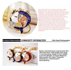 Detail of colorful koi fish keychains with enamel, rhinestones and faux gemstones