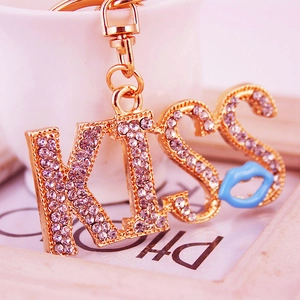 Sparkling rhinestone KISS letter keychain with blue lip pendant and gold metal lobster clasp