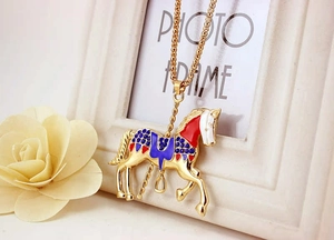 Exquisite golden carousel horse pendant necklace with enamel and rhinestones on wood