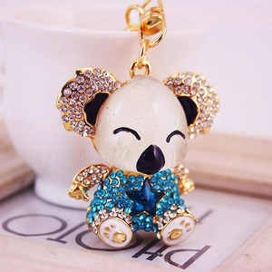 Sparkly blue rhinestone koala keychain with gold frame and star gem detail