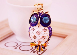 Vue détaillée du porte-clés hibou avec émail bleu et cristaux de strass brillants