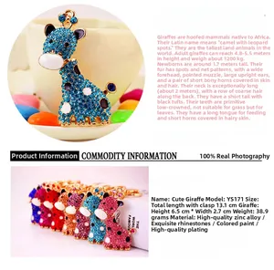 Détails du porte-clés girafe en strass avec dimensions 6,5x2,7 cm et alliage de zinc poli
