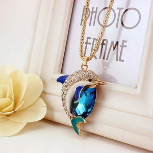 Cute Dolphin Pendant Long Sweater Chain Necklace For Women Zinc Alloy Rhinestone Enamel Ocean Style Jewelry Accessories