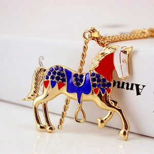Exquisite carousel pendant necklace with colorful enamel and blue rhinestones finish