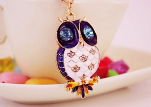 Détail macro du porte-clés hibou avec émail violet et yeux en strass bleu brillant