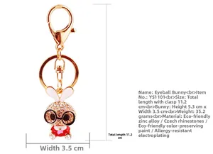Dimensions détaillées du porte-clés lapin en strass avec lunettes et placage doré