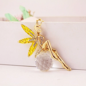 Porte-clés fée ange en cristal exquis avec émail jaune et strass brillants pour femmes