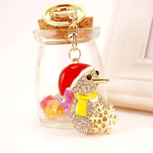 Porte-clés bonhomme de neige de Noël avec strass et pendentif flocon de neige doré