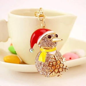 Porte-clés bonhomme de neige de Noël avec strass brillants et pendentif flocon doré