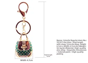 Detailed view of rhinestone handbag keychain in green and brown with alloy dimensions