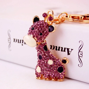 Porte-clés girafe en strass violets étincelants et métal doré pour accessoire de sac