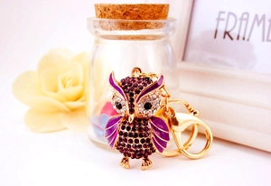 Macro shot of owl keychain with purple rhinestones and detailed enamel coating