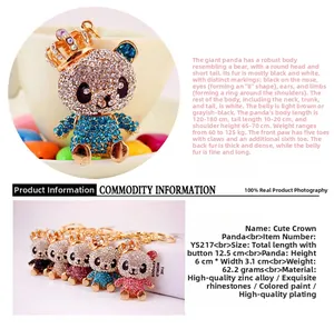 Close-up of sparkling crystal crown panda keychain in zinc alloy with various color options