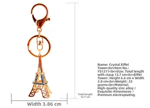 Détails de taille du porte-clés Tour Eiffel avec strass bleus et fermoir mousqueton