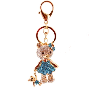 Portachiavi orso mamma e bambino in cristallo con strass blu navy su montatura dorata