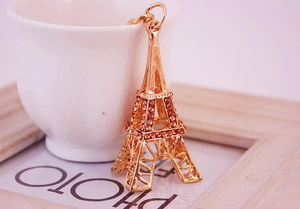 Détail d'un porte-clés Tour Eiffel doré serti de cristaux et de strass ambrés