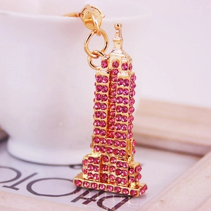 Gouden Empire State Building sleutelhanger met roze strass en stevige metalen ring