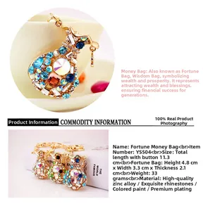 Detail view of gold money bag keychain with colorful crystals and sparkling rhinestones