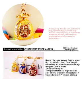 Detail showing dimensions and colors of a rhinestone money bag keychain in zinc alloy